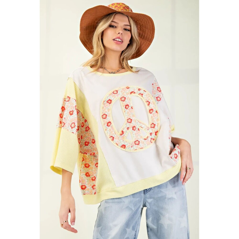 EASEL 1X Peace Patch Soft Washed Terry Knit Top Ecru/Yellow Patchwork Relaxed